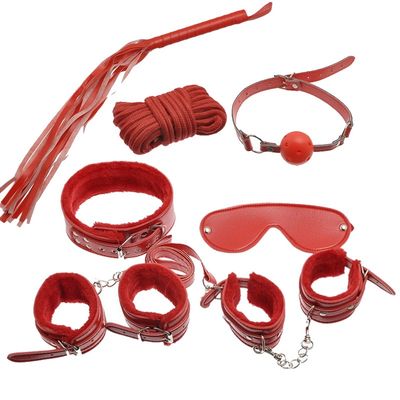 7Pieces SM Game PU Leather Kit Suit Adult Handcuffs Ball Whip Kit Bondage Set For Flirting Couples SM Stimulating Women Sex Toys