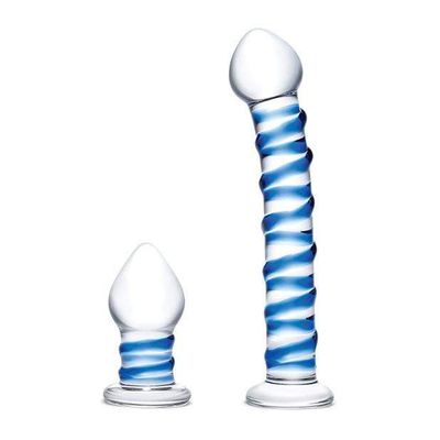 Glas - 2 Pc Double Penetration Glass Swirly Dildo and Butt Plug Set (Clear)