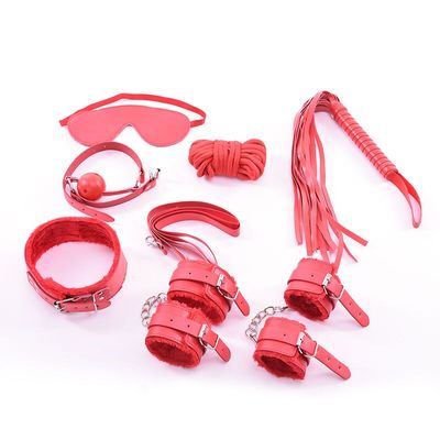 7pcs/set Plush Leather SM BDSM Ball Gag Cuff Whip Collar Fetish Bondage Collar Hand Cuffs Restraints Set Kit Sex Toy Sets