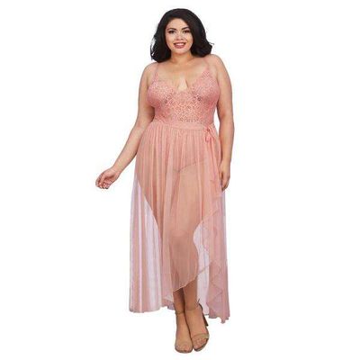Dreamgirl Plus-size Stretch Lace Teddy &#038; Sheer Mesh Maxi Skirt With Adjustable Straps &#038; G-string Ros