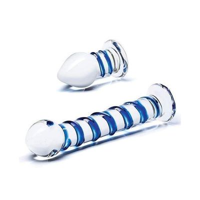 Glas - 2 Pc Double Penetration Glass Swirly Dildo and Butt Plug Set (Clear)