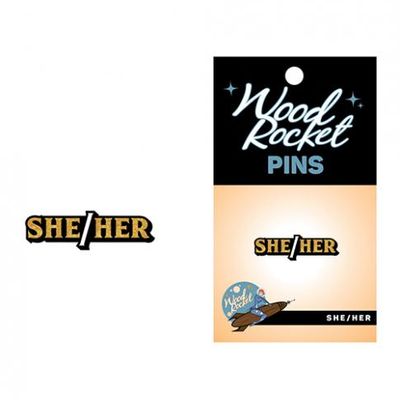 Wood Rocket She/her Pin &#8211; Black/gold
