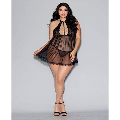 Dreamgirl - Galloon Lace and Mesh Babydoll with High Neckline and G String Queen (Black)