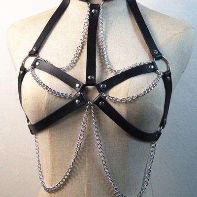SM Sexy Erotic Suit Adult Sex Toys Leather Handcuff Hihappiness Black Women's Leather Punk Metal Chain Tassel Body Caged Dan