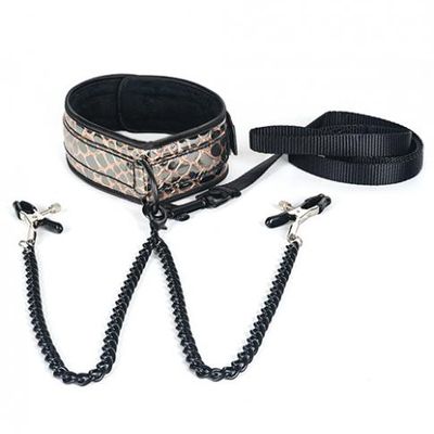 Spartacus Faux Leather Collar &#038; Leash Black Nipple Clamps Gold