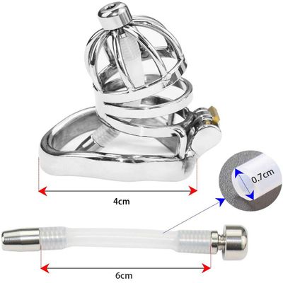 ANNGEOK Men Cock Cage Penis Ring Stainless Steel Chastity Belt Device Sex Toy with Catheter 40/45/50mm