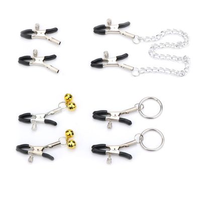 4 Styles 1 PCS Fantasy Nipple Clamps Breast Clamps with Metal Chain BDSM Adult Sex Toys for Women Silver + Black with Bell