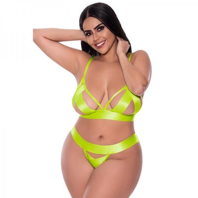 Strap Tease Bra &#038; Crotchless Panty Neon Yellow 2xl