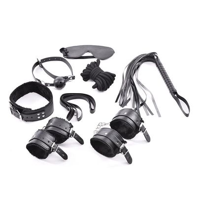 7pcs/set Plush Leather SM BDSM Ball Gag Cuff Whip Collar Fetish Bondage Collar Hand Cuffs Restraints Set Kit Sex Toy Sets