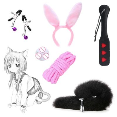 6PCS Furry Anal Plug Tail and Headband Ears BDSM Rope Nipple Clamps Spanking Paddle for Cosplay Adult Sex Toy for Couples Kit