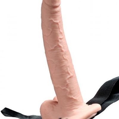 Fetish Fantasy 9 inches Hollow Rechargeable Strap On with Balls Beige