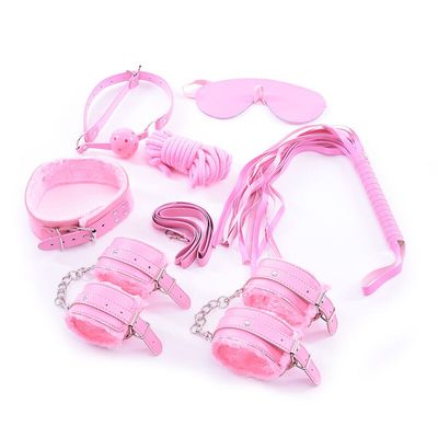 7pcs/set Plush Leather SM BDSM Ball Gag Cuff Whip Collar Fetish Bondage Collar Hand Cuffs Restraints Set Kit Sex Toy Sets