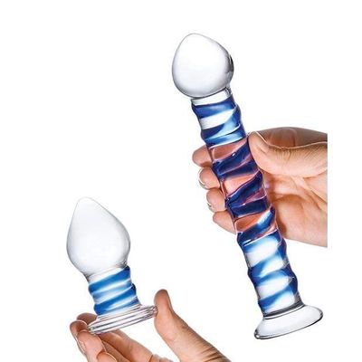 Glas - 2 Pc Double Penetration Glass Swirly Dildo and Butt Plug Set (Clear)