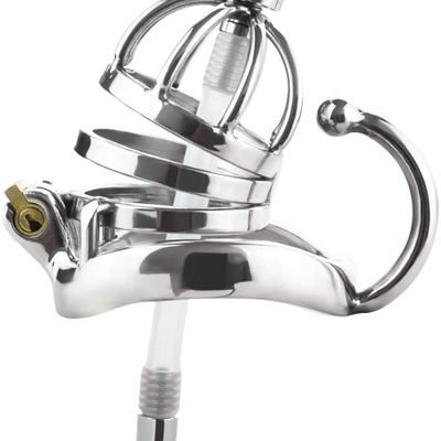 iKenmu New Stainless Steel Male Chastity Devices With Urethral Catheter,Long Cock Cage with Ring ,Penis Rings,Sex Toys For Men