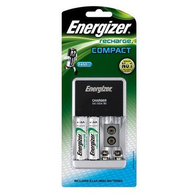 Energizer - Recharge CHCC Compact Charger With 2 AA for AA, AAA, 9V