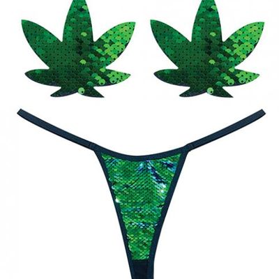 Neva Nude Naughty Knix Weed Leaf Sequin G-string &#038; Pasties &#8211; Green  O/s