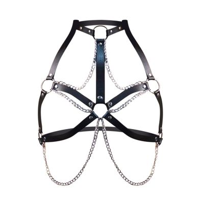 SM Sexy Erotic Suit Adult Sex Toys Leather Handcuff Hihappiness Black Women's Leather Punk Metal Chain Tassel Body Caged Dan