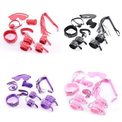 7pcs/set Plush Leather SM BDSM Ball Gag Cuff Whip Collar Fetish Bondage Collar Hand Cuffs Restraints Set Kit Sex Toy Sets