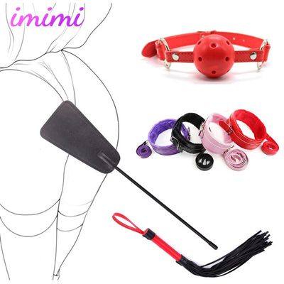 BDSM PU Leather Bondage Handcuffs SM Slave Games For Couples Restraints Whip Sex Toys Kit Mouth Gag Flogger Exotic Accessories