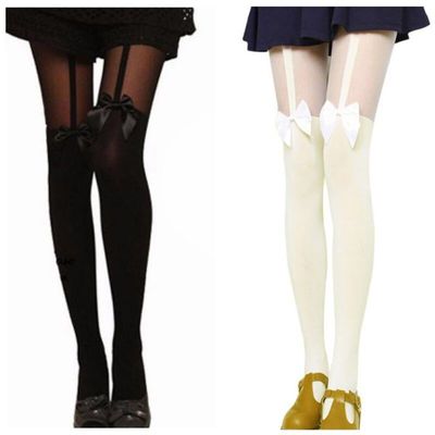 New Women Sexy Black White Stockings Thin Tights Lady's Bow Pantyhose Tattoo Mock Bow Suspender Sheer Stocking Adult Games-25