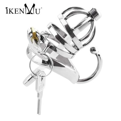 iKenmu New Stainless Steel Male Chastity Devices With Urethral Catheter,Long Cock Cage with Ring ,Penis Rings,Sex Toys For Men