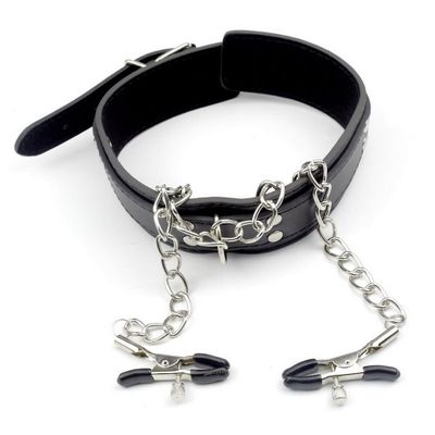 Collar PU Leather With Nipple Clamps BDSM SM Bondage Play Sex Toy for Women  Men