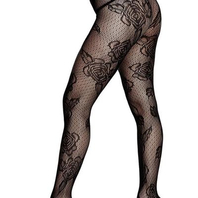 Black Dotted Floral Lace Pantyhose - OSXL
