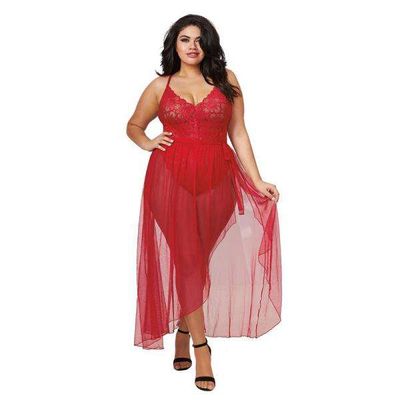 Dreamgirl Plus-size Stretch Lace Teddy &#038; Sheer Mesh Maxi Skirt With Adjustable Straps &#038; G-string Rou