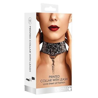 Shots - Ouch Love Street Art Fashion Printed Collar with Leash (Black)