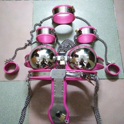 Female Stainless Steel 9 Piece Sets Chastity Belt Device Collar Bra Arm Wrist Cuffs Thigh Knee Shank Ankle Ring Bondage Sex Toy