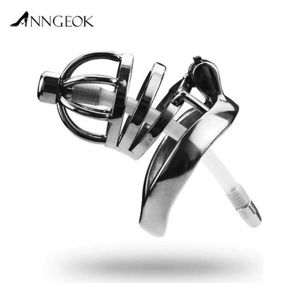 ANNGEOK Men Cock Cage Penis Ring Stainless Steel Chastity Belt Device Sex Toy with Catheter 40/45/50mm