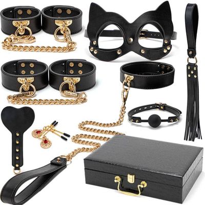 BLACKWOLF BDSM Bed Bondage Kits Genuine leather Restraint Set Handcuffs Collar Gag Erotic Sex Toys For Women Couples Adult Games