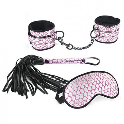 Spartacus Faux Leather Wrist Restraints Blindfold &#038; Flogger Bondage Kit &#8211; Pink