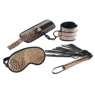 Spartacus Faux Leather Wrist Restraints Blindfold &#038; Flogger Bondage Kit &#8211; Gold