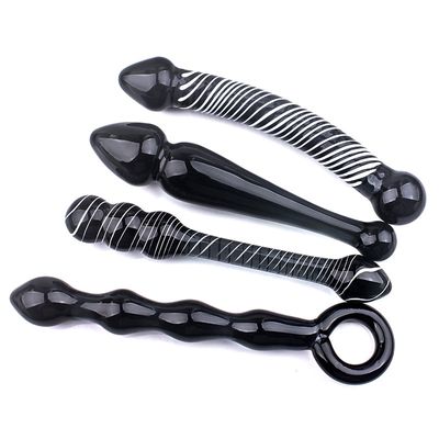 4 Style Black Pyrex Glass Butt Plug Crystal Bead Male Penis Anal Dildo with Double-headed Beads for Men Women Gay to Masturbate